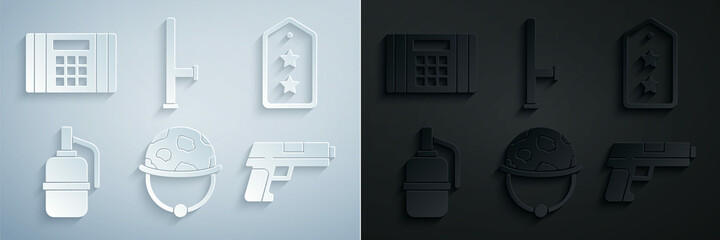 Poster - Set Military helmet, rank, Hand grenade, Pistol or gun, Police rubber baton and Dynamite bomb icon. Vector