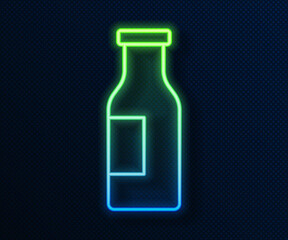 Sticker - Glowing neon line Closed glass bottle with milk icon isolated on blue background. Vector