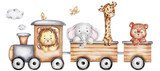 Fototapeta Dziecięca - Cartoon train with lion, tiger, giraffe and elephant; watercolor hand drawn illustration; with white isolated background