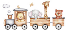 Cartoon Train With Lion, Tiger, Giraffe And Elephant; Watercolor Hand Drawn Illustration; With White Isolated Background