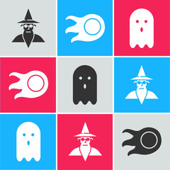 Sticker - Set Wizard warlock, Fireball and Ghost icon. Vector