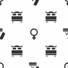 Sticker - Set Wedding rings, Female gender symbol and Bedroom on seamless pattern. Vector