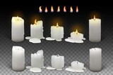 Fototapeta Łazienka - Set of realistic burning white candles for dark background. 3d candles with melting wax, flame and halo of light. Vector illustration with mesh gradients. EPS10.