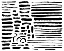 Vector Set Of Grunge Artistic Brush Strokes, Brushes. Creative Design Elements. Long, Short, Edged Black Lines.