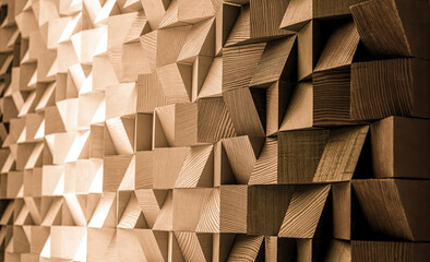 Natural color wood block wall cubic texture background . Modern contempolary woodwork wallpaper artwork design .