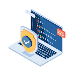 Isometric Shield and Laptop with Computer Programing Language Code on Monitor