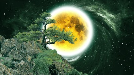 Wall Mural - Night fantasy of beautiful hills and trees under the full moonlight