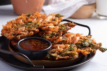 Poster - Fried Shrimp with Fern Leaves with Spicy Sauce Local Southern Thai food