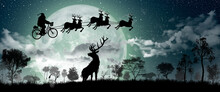 Silhouette Of Santa Claus Riding On His Bicycle To Carry A Gift With Their Reindeer Over Full Moon At Night Christmas.