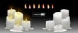 Set of realistic burning white candles on a transparent background. 3d candles with melting wax, flame and halo of light. Vector illustration with mesh gradients. EPS10.