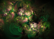 Abstract Fractal Art Background In Pink, Green And Black, Suggestive Of A Floral Pattern With Water Droplets.