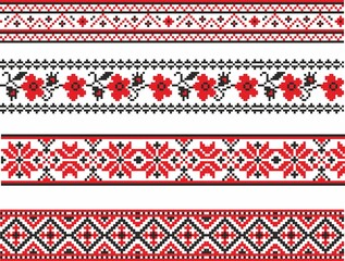 Vector set of Ukrainian seamless ornaments. Borders and frames in the national Slavic style. Cross stitch patterns
