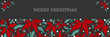Christmas holiday season banner of Merry Christmas text of Christmas winter poinsettia flower branches decorative with holly berry branch and snowflakes on black background. Vector illustration.