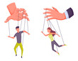 Puppeteer hands controlling puppets, manipulator concept. Worker being controlled by puppet master. Manipulates peopl like a puppets. Employer domination exploitation or authority manipulator