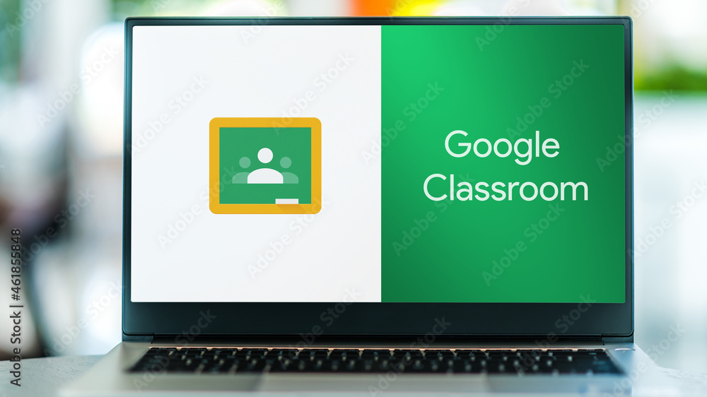 Laptop computer displaying logo of Google Classroom Stock Photo | Adobe ...