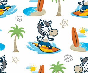 Canvas Print - Seamless pattern vector of zebra surfing with summer beach vacation elements cartoon