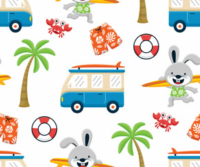 Sticker - Seamless pattern vector of beach vacation elements with funny rabbit carrying surfboard