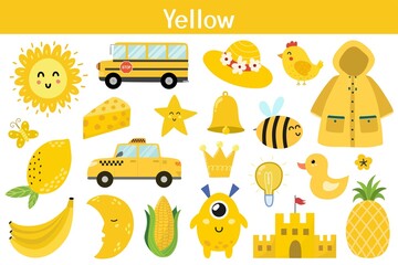 Poster - Yellow color objects set. Learning colors for kids. Cute elements collection. Educational background. Vector illustration