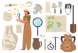 © Rudzhan - Archaeological stickers. Archaeologist woman with map, magnifying glass and backpack looking for remains of ancient animals and civilizations. Cartoon flat vector icon set isolated on white background