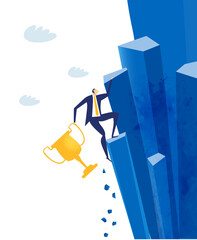 Wall Mural - Businessman climbing up the rock with heavy golden trophy. Economy and financial crisis concept