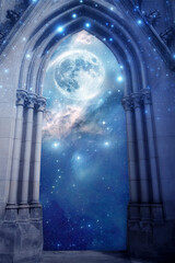 Wall Mural - mystical gate with pillar with moon, stars, galaxy like spiritual universe fantasy magic background