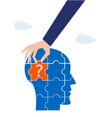 Wall Mural - Hand of businessman places puzzle piece in human's head. 