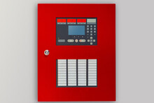 Fire Panel With Buttons And Sensors. Red Panel For Fire Safety Control. Fire Panel On A Light Background. Safety Control Equipment. Concept - Sale Of Security Control Systems. Anti Flame Equipment