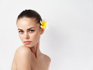 Sticker - pretty woman with flower in hair naked shoulders isolated background