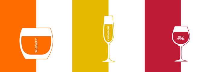 Wall Mural - Whiskey, champagne and red wine glass in minimalist linear style with text. Contour of glassware on right side in form of fine line. Two types of multi-colored drink. Isolated image on white backdrop