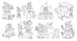 © Lexi Claus - Fairy tale black and white vector princess set. Fantasy line girl collection. Medieval fairytale maid coloring page. Girlish cartoon magic icons pack with sleeping beauty, frog prince..