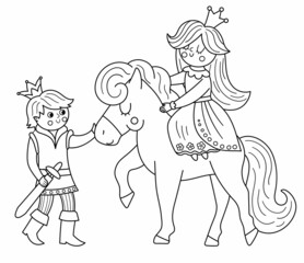 Fairy tale black and white prince with princess on a horse. Vector fantasy young line monarch in crown with girl. Medieval fairytale characters. Cartoon magic sovereign icon or coloring page.