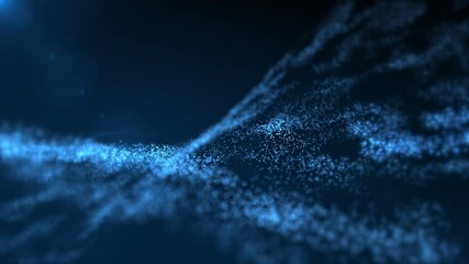 Wall Mural - Abstract motion background animation with a flowing blue fractal light wave of glowing blue light particles and lens flare. Shallow depth of field bokeh.