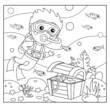 Coloring Page Outline of cartoon little boy scuba diver with chest of treasure. Marine photography or shooting. Underwater world. Coloring Book for kids.