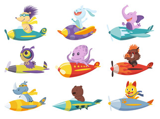 Set of cute baby animals cat, elephant, bear on airplanes. Collection of funny pilots lion, rhinoceros, owl octopus flying on planes. Cartoon vector characters flying on retro transport