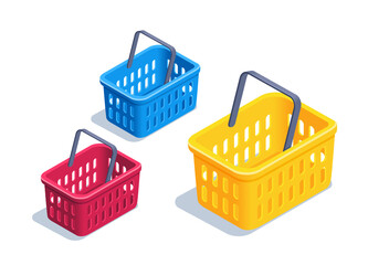 isometric vector illustration isolated on white background, set of multicolored shopping baskets, shop shopping and profitable promotions