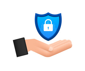 Wall Mural - cyber security vector logo with shield and check mark. hands holding cyber secure sign. internet sec