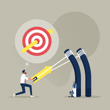 Businessman Aiming High Target With A Big Catapult, Bullseye Target To Win In Business Strategy, Business Target Achievement And Goal Concept
