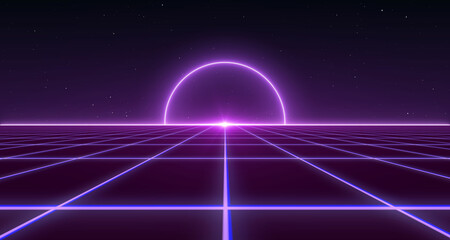  80s Retro Sci-Fi Background Futuristic Grid landscape. Digital cyber surface style of the 1980`s. 3D illustration