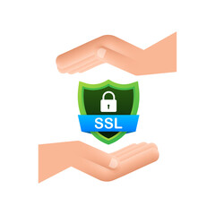 Wall Mural - Secure connection icon vector illustration isolated on white background, flat style secured ssl shield symbols on hands.