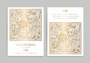 White invitation card design with golden ornament pattern. Luxury vintage vector template. Can be used for background and wallpaper. Elegant and classic vector elements great for decoration.