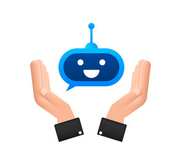 Canvas Print - Cute smiling robot in hands.Vector modern flat cartoon character illustration. Voice support service bot.