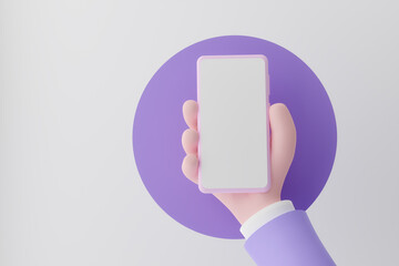 Animation hand holding smartphone with white screen on violet background, 3d illustration