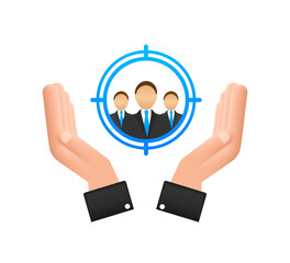 Wall Mural - Customer relationship management concept with hands. Organization of data on work with clients, CRM concept. Vector illustration.