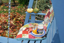 Autumn Harvest Decor On Patio Setting For Seasonal Hot Chocolate Or Tea Outdoors Farmers Market Or Apple Picking Farm