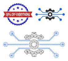 Mesh Solution Cog Frame Illustration, And Bicolor Dirty 50% Off Everything Seal Stamp. Mesh Wireframe Symbol Is Designed With Solution Cog Icon.