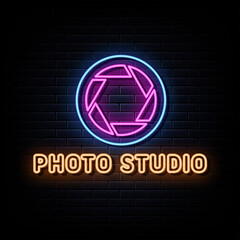 Photo studio neon logo sign text vector