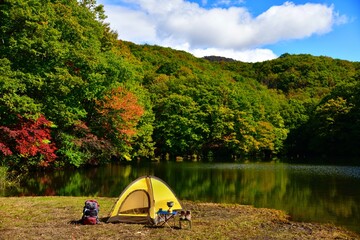 Wall Mural - 紅葉の湖畔・ソロキャンプ