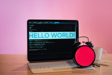Wall Mural - the workplace of a programmer or a student. it's time to learn programming, the concept. laptop and 