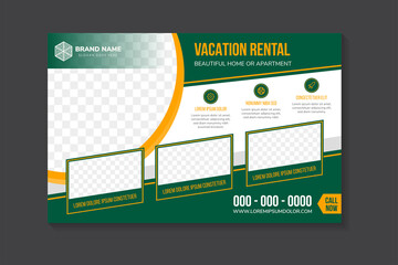 Wall Mural - flyer template design with example headline is vacation rental a home and apartment. curve for space
