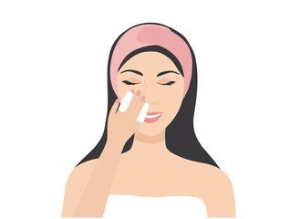 Beautiful woman cleansing with cotton bud makeup removal vector illustration